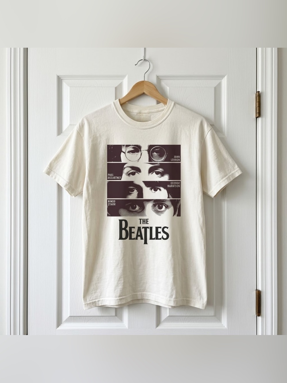 The Beatles Band Member Faces White Tee Classic Rock Graphic T-Shirt